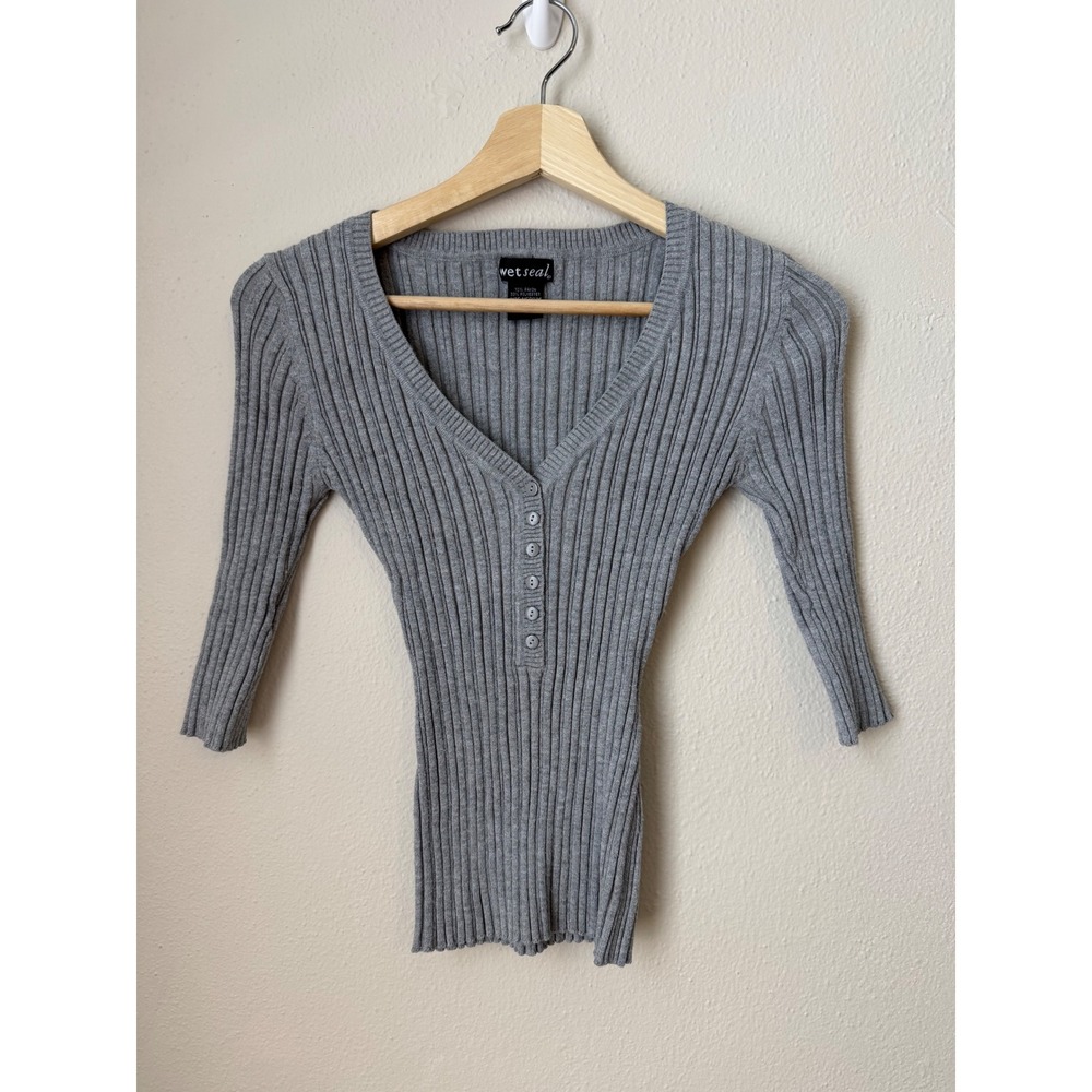 Y2K Wet Seal Vintage Gray Ribbed Henley V-Neck 3/4 Sleeve Top Size Medium  90s